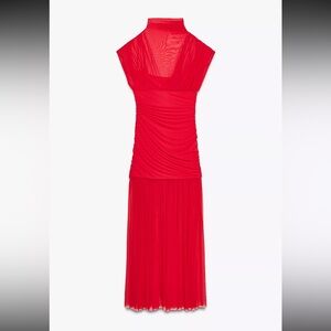 Zara Red Sleeveless Combo Tulle Midi Dress (size small)